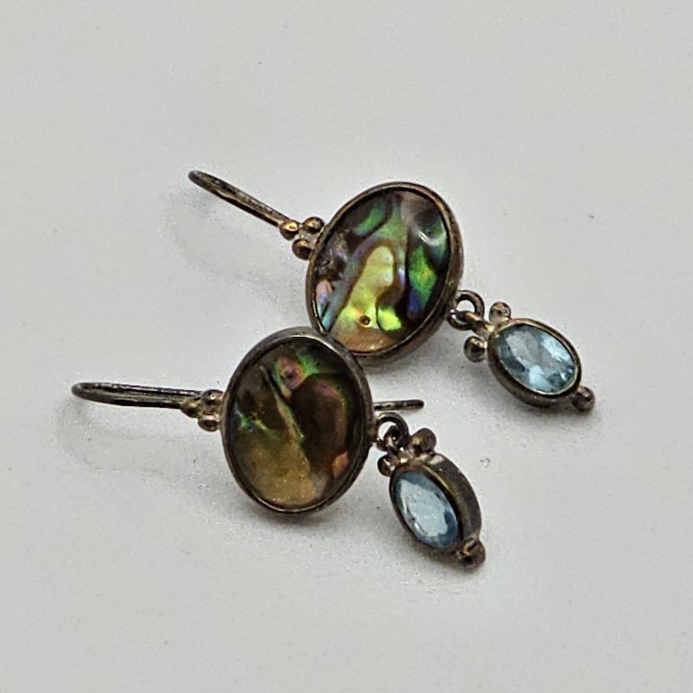 Sterling Silver 925 Abalone Shell Blue Topaz Pierced Drop 1.4" Earrings